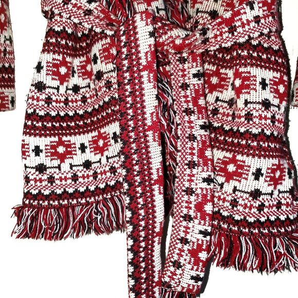 Zara Jacquard Tribal Navajo Aztec Southwest Knit Fringe Coat Red Black Med. - Picture 3 of 12
